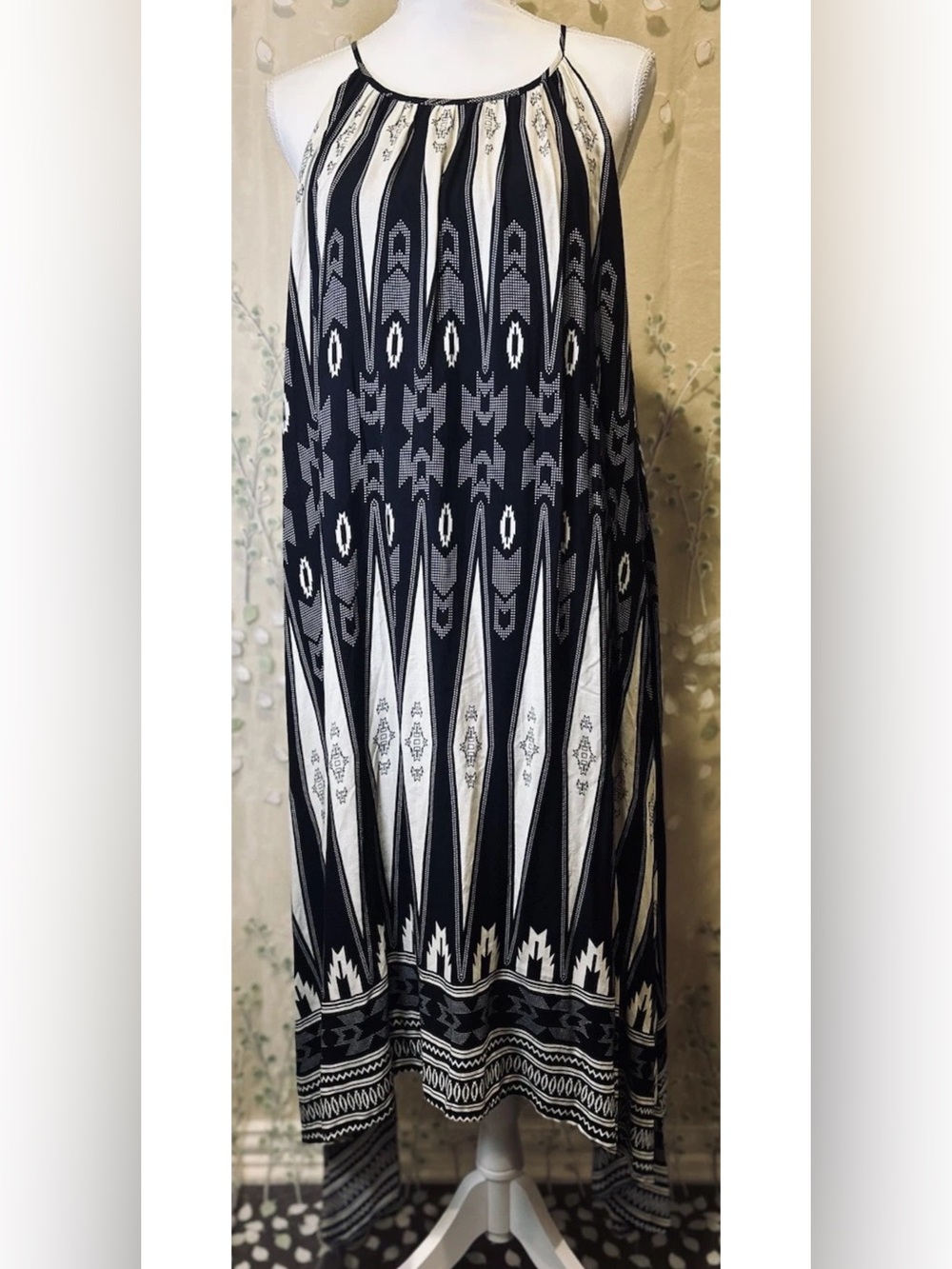L Love Navy White Medallion Boho Smocked Tiered Maxi Dress NWOT SzM Cottagecore